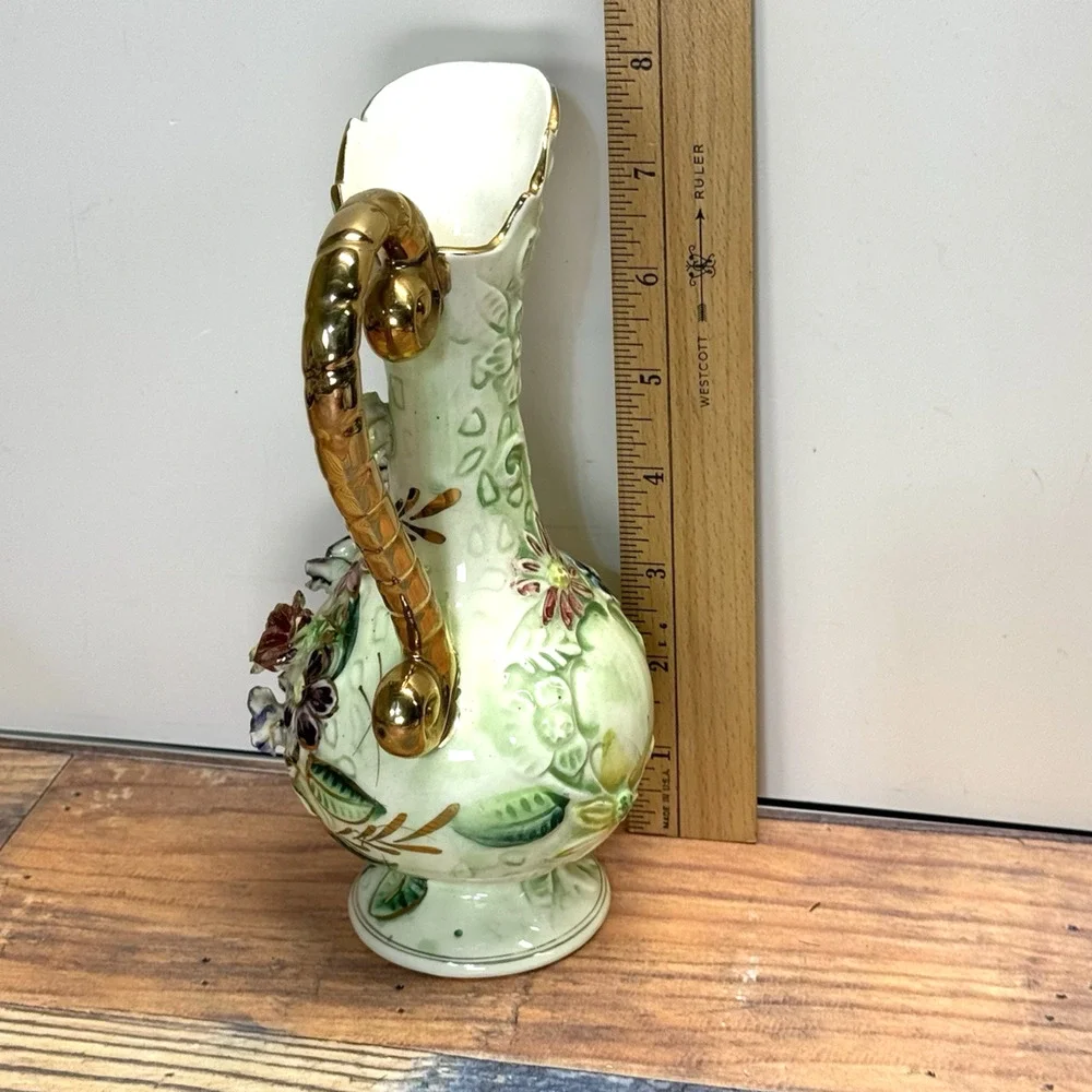 Vtg West Pac Japan‎ Porcelain Hand Painted Gold Trim Floral Relief Vase Pitcher